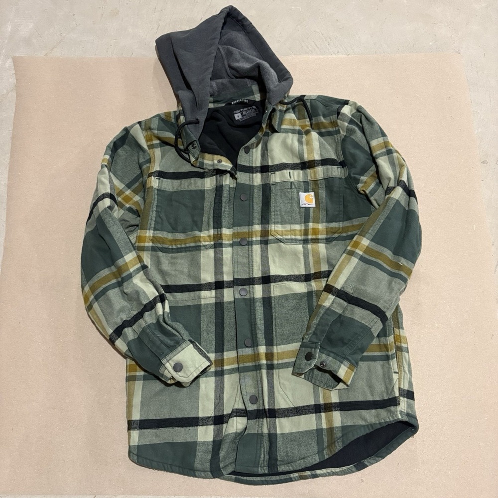 Carhartt Rugged Flex Shirt Jacket Mens Small  Fleece Lined Green Plaid Hooded